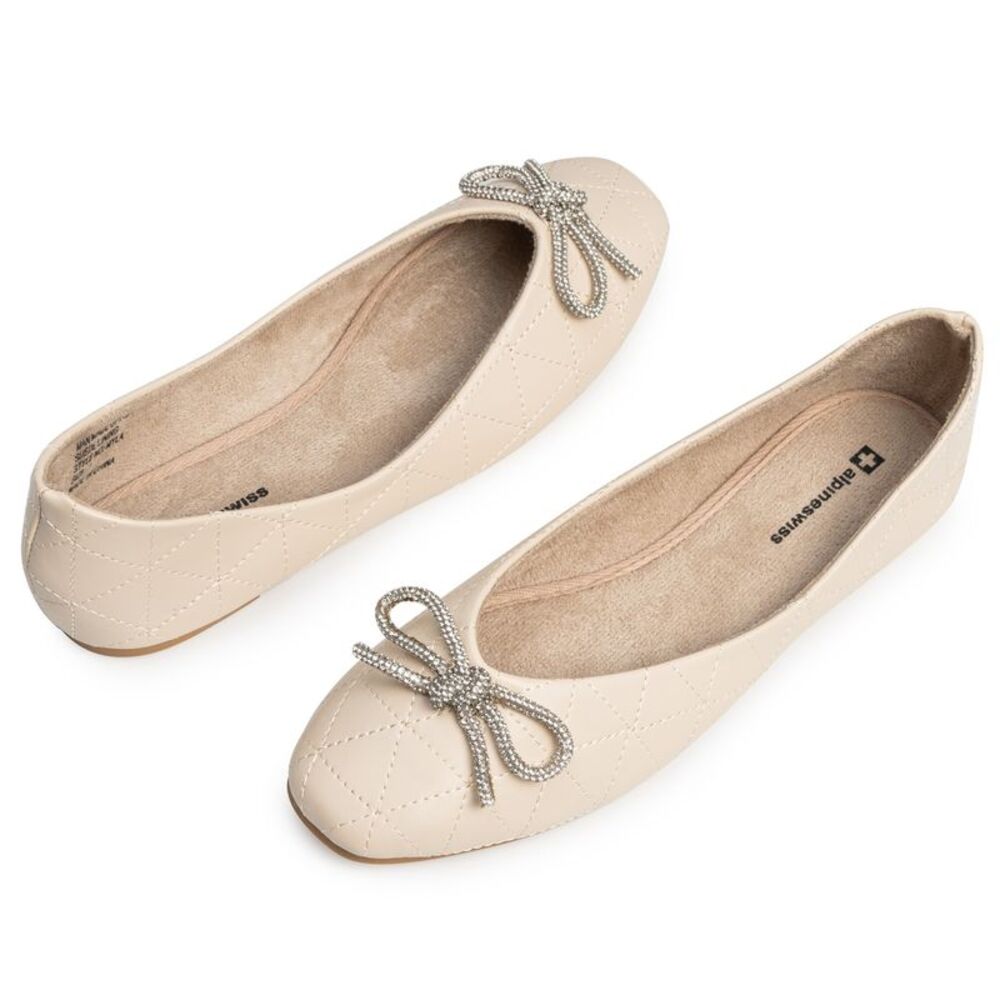 Alpine Swiss Myla Womens Ballet Flats Square Toe Rhinestone Bow Dressy Shoes - Picture 4 of 7
